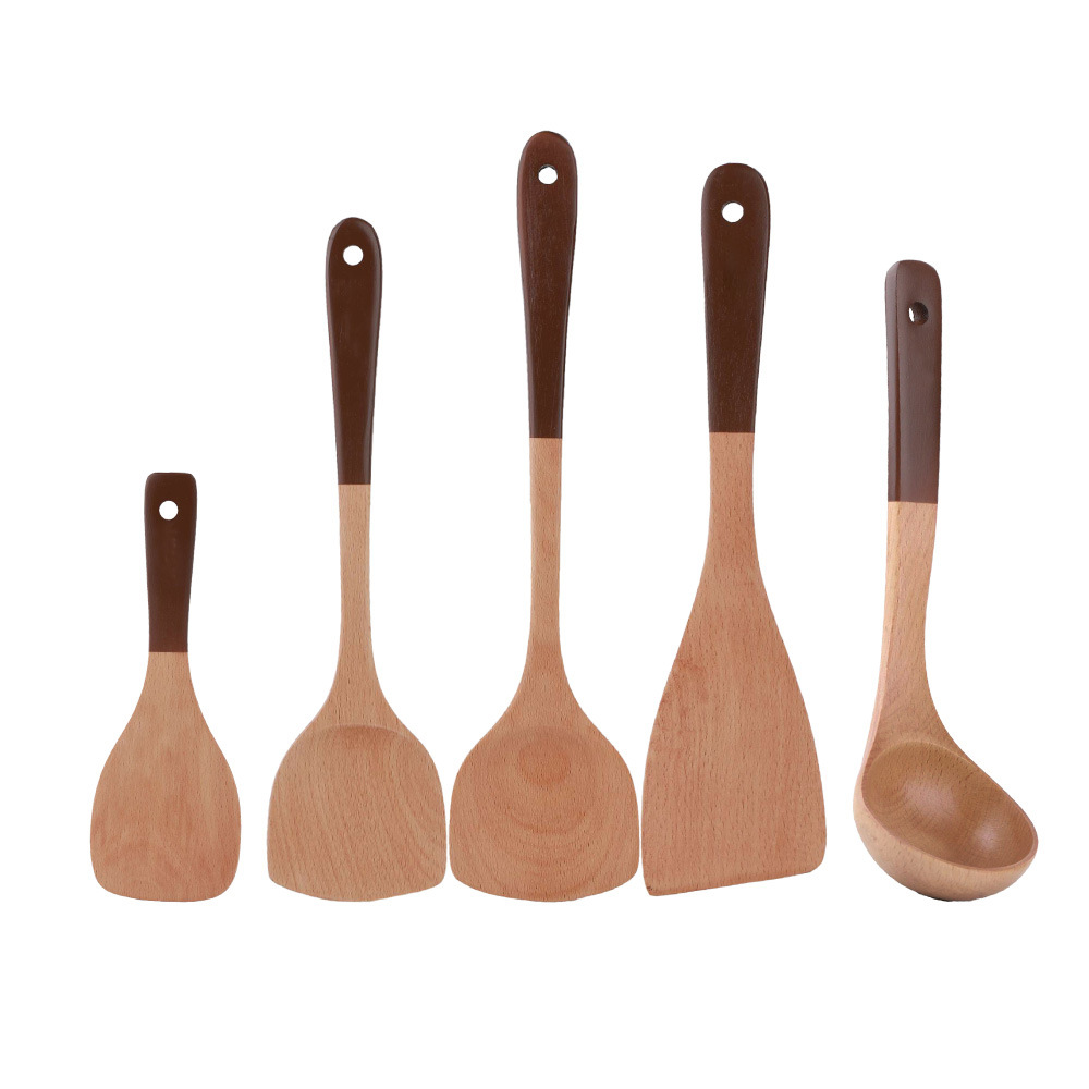 Mango de madera de haya pintado conjunto de cocina antiadherente olla de madera pala de frita de mango largo pala de madera pala de sopa de sopa