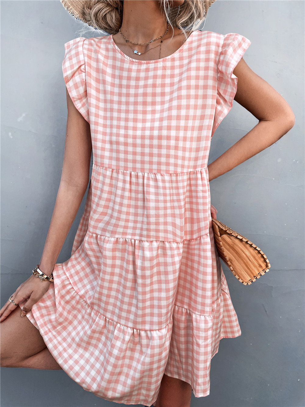 Ruffled Flying Sleeve Plaid A-Line Short Dress  NSLNZ123625