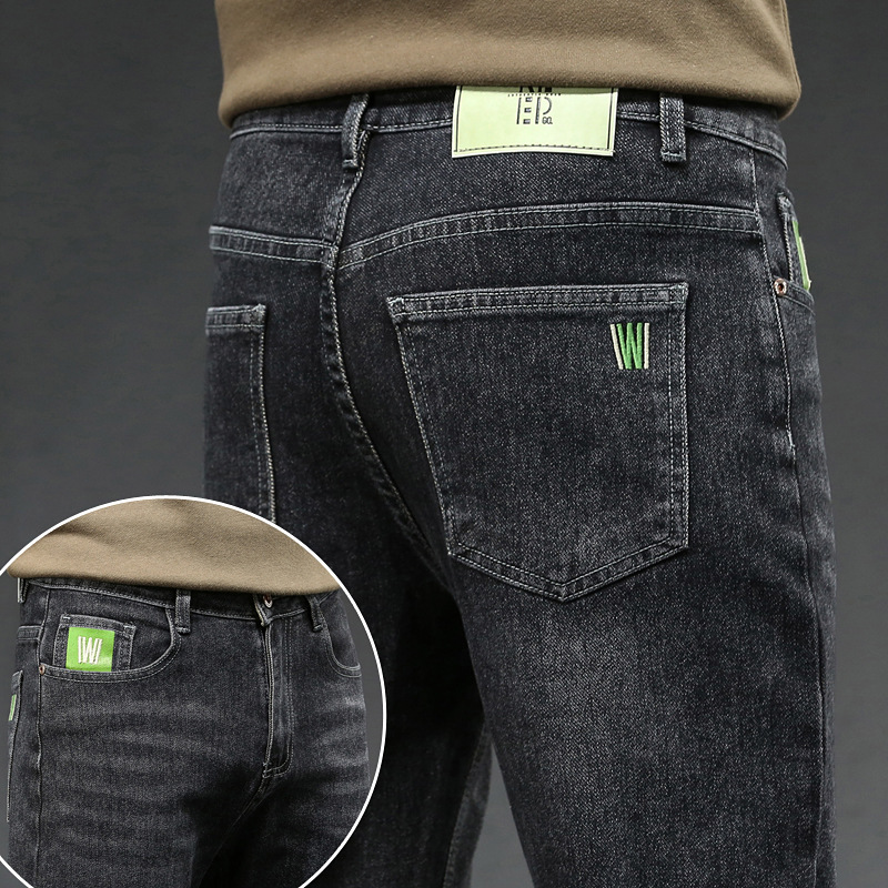 Neues Produkt, hochwertige, gewaschene, schmal geschnittene, elastische, bestickte Jeanshose für Herren mit geradem Bein, dick für Herbst und Winter_voghion.com