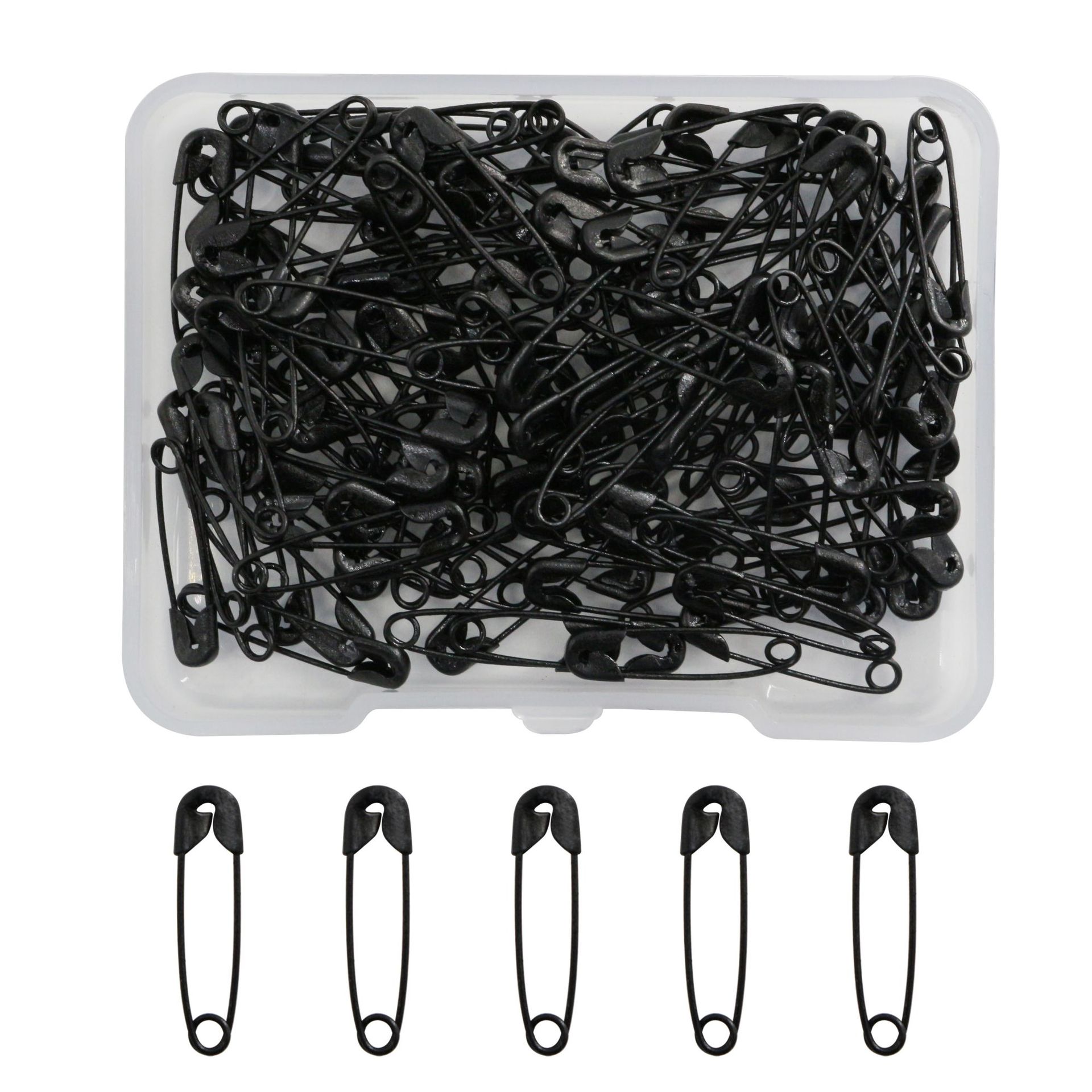 Super thin transparent box packaging 120 black safety pins 19mm baby small hook and loop fastener tags pins clothing accessories