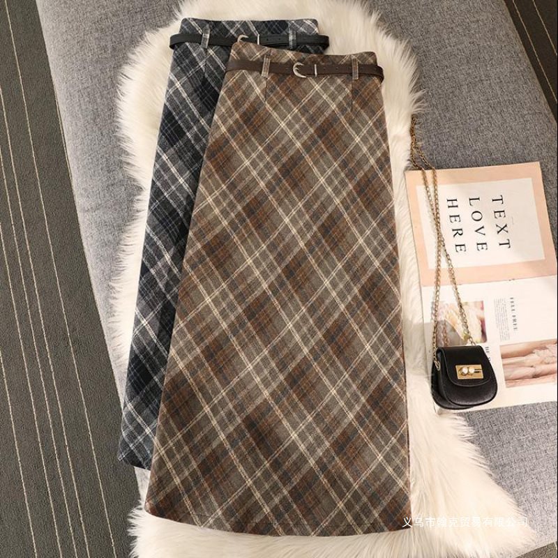 【现货】百搭格子半身裙女2025秋冬高腰显瘦毛呢长裙子