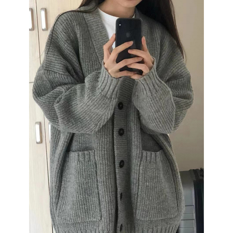 灰色中長款毛衣外套女春秋外搭外穿慵懶復古奶系穿搭秋冬針織開衫