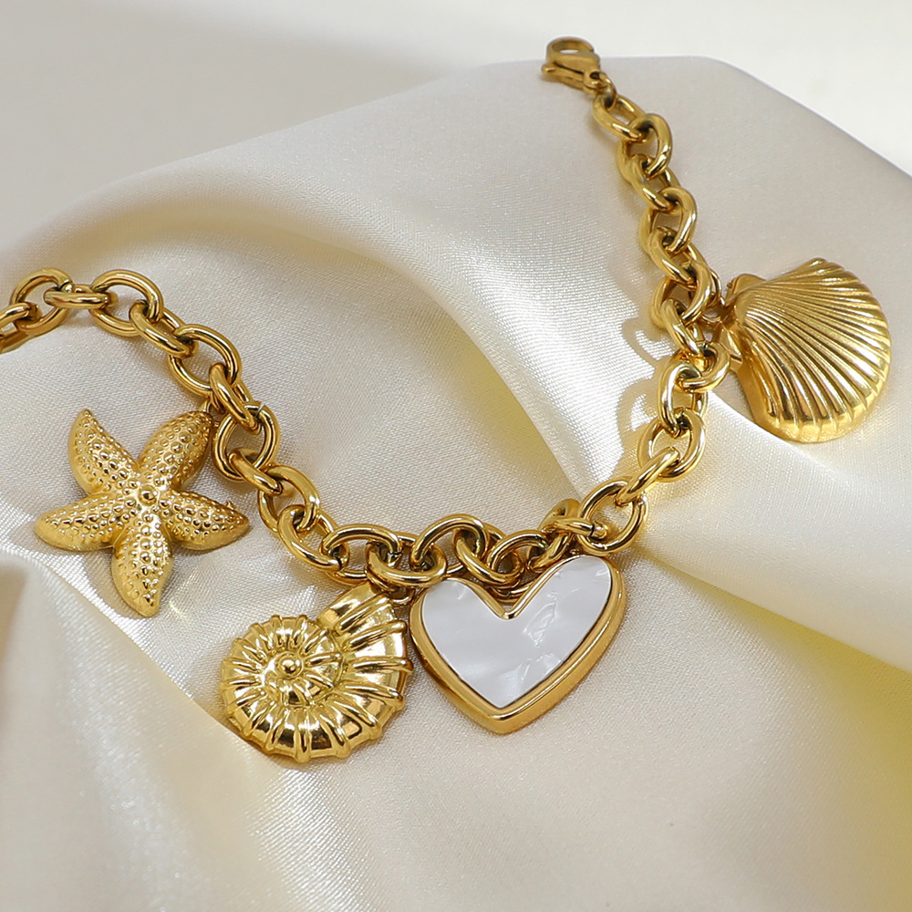 304 Stainless Steel Pendant Material PVD Coated Real Gold Plated Starfish Conch Heart Shape 304 Stainless Steel Marine Style IG Waterproof Non Tarnish Bracelets