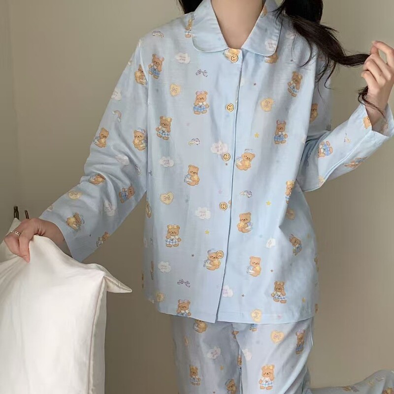 Popular Cotton Aerobic Double-Layer Gauze Can Be Worn Outside Pajamas Lapel Long-Sleeved Trousers Soft Cotton Home Clothes Wholesale