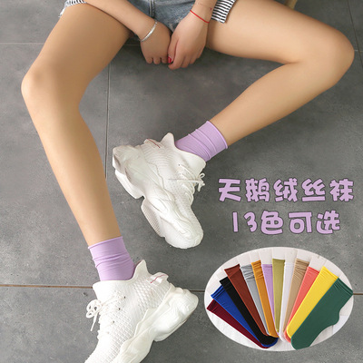 長襪子女中筒襪夏季薄款透氣ins潮天鵝絨糖果色彩色堆堆襪夏天冰