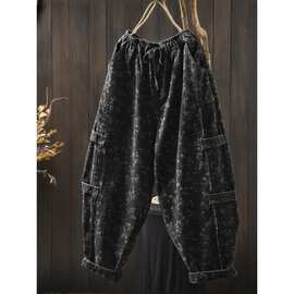 时尚复古碎花老爹裤印花牛仔裤女宽松显瘦褶皱拼接垮裤哈伦萝卜裤