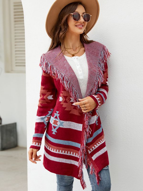 Transfronterizo 2023 otoño e invierno europeo y americano suelto con capucha suéter largo abrigo borla geométrica jacquard suéter cardigan image 3