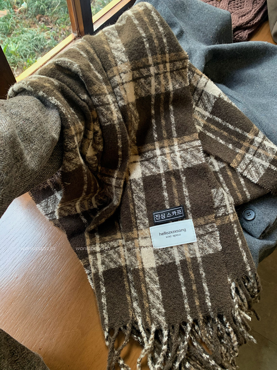 Écharpe à carreaux en cachemire d'hiver, châle chaud polyvalent à pompon pour femme, couleur contrastée pour couple, écharpe pour étudiante_voghion.com