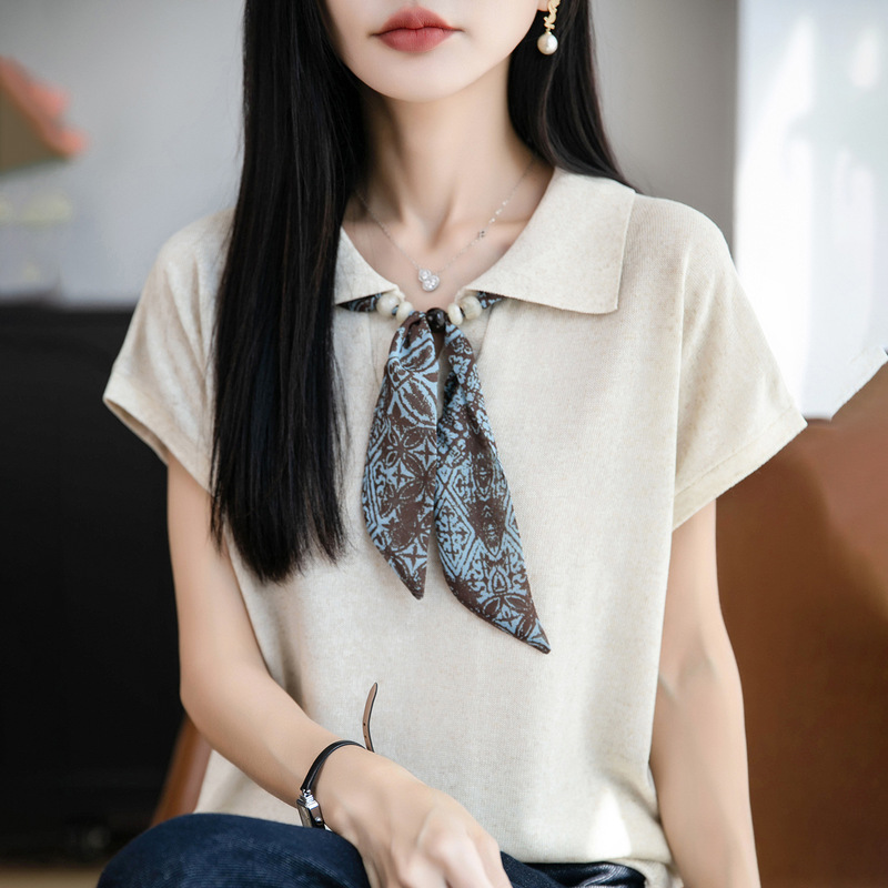 2026 Spring and Summer New Style Tencel Linen Polo Collar Silk Scarf Knitwear Short-Sleeved Women's Pure Color Loose Top T-Shirt 2026 Spring and Summer New Style Tencel Linen Polo Collar Silk Scarf Knitwear Short-Sleeved Women's Pure Color Loose Top T-Shirt