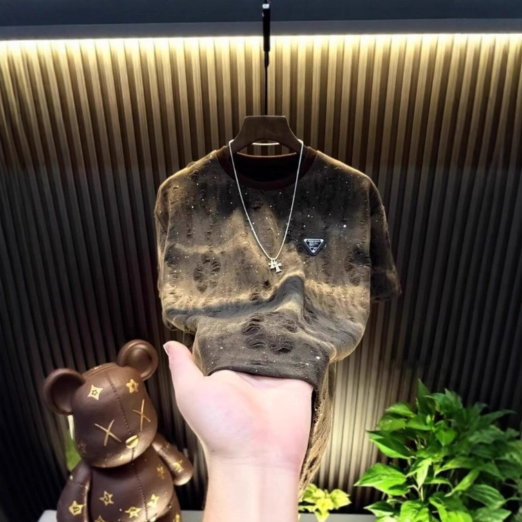 2025潮牌短袖男国潮嘻哈五分袖破洞潮流宽松夏季5分袖T恤潮男中袖