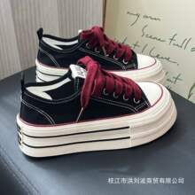 小众黑红色厚底增高帆布鞋女2025新款薄款透气松糕底百搭小白板鞋
