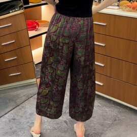 复古印花直筒休闲裤女夏薄款小个子大码高腰宽松显瘦垂感八分裤