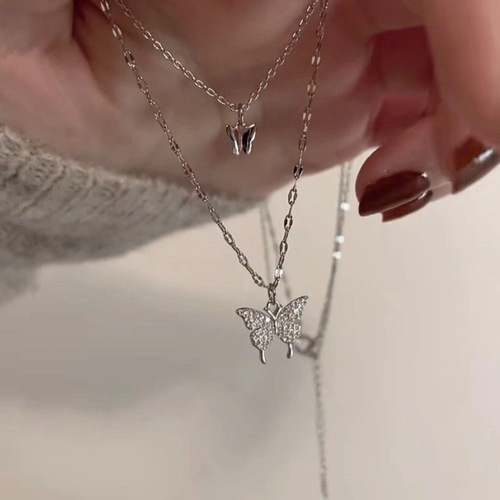 New style flash diamond double-layer butterfly pendant clavicle chain for women, niche light luxury and versatile necklace, new fashion design