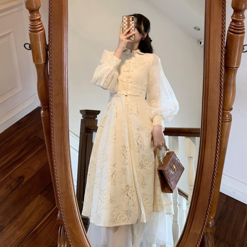 French-style modified cheongsam—lightweight, ethereal dress for young girls; a designer, niche, sophisticated two-piece skirt set.