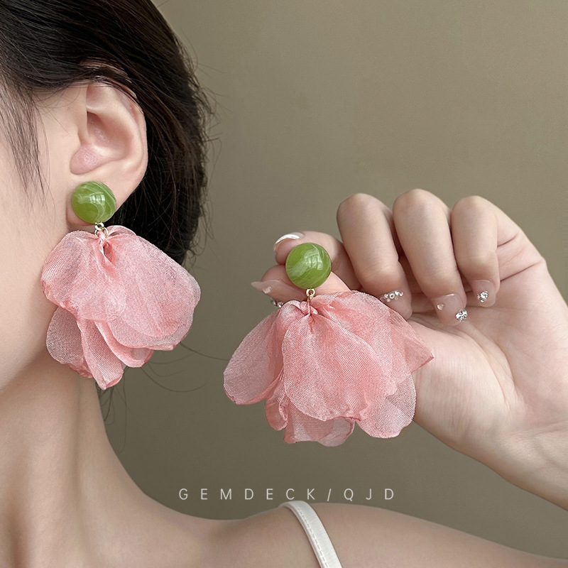 Retro shiffon small design earrings, elegant cloth, French vintage style, flowered