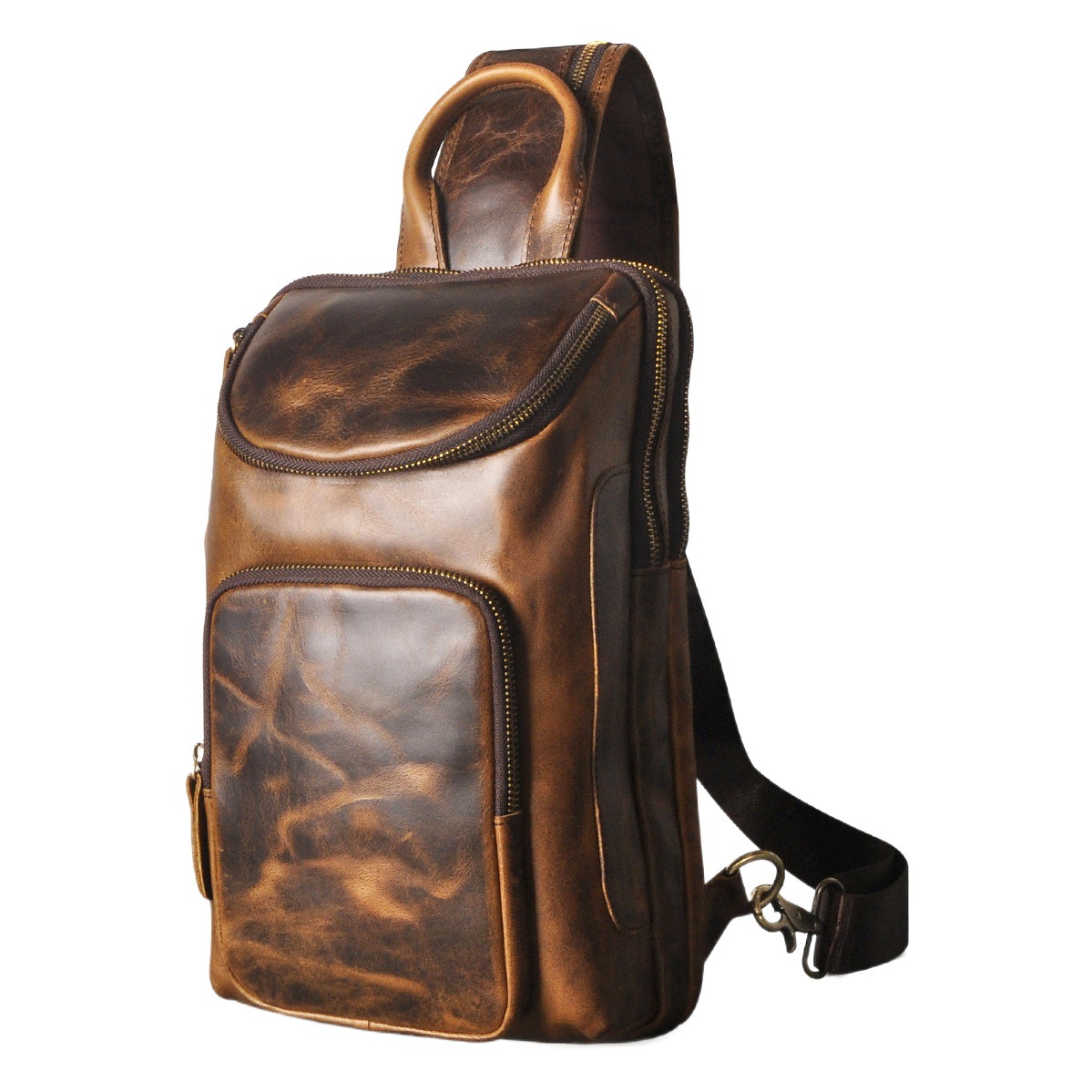 First Layer Crazy Horse Leather Cowhide Men's Retro European and American Outdoor Multi-Purpose 12inch Mobile Phone Chest Bag Crossbody Bag 8033