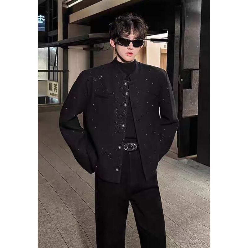 Chanel-Style Jacket for Men, Stylish and High-End, Star-Patterned Black Padded Shoulder Short Cleanfit Woolen Blazer