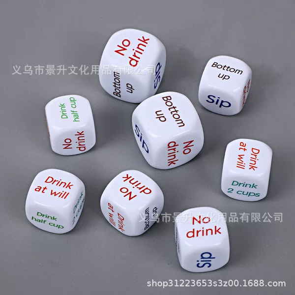 Wholesale acrylic printed Vietnamese drinking dice for foreign trade, KTV and bar colorful printed English drinking dice