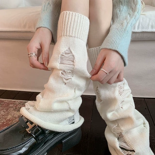 靴尚棉破洞袜套女y2k白色针织堆堆袜子女秋冬喇叭辣妹亚文化小腿