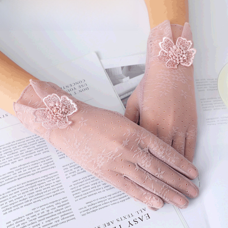 Summer thin ice silk gloves women's short thin outdoor cycling driving lace breathable touch screen sun protection gloves wholesale_voghion.com