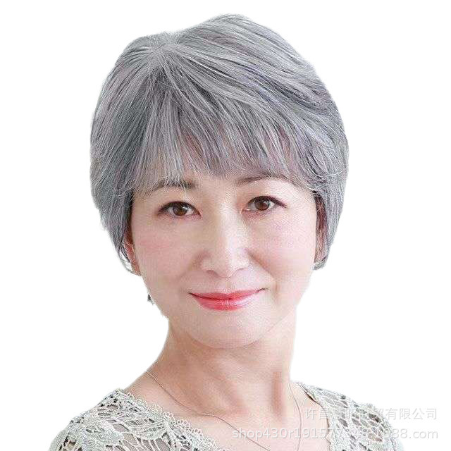レディース花白真髪髪ショートストレートおばあちゃん白髪整えトップヘアセット老人花白ミックス真髪フル真髪|undefined