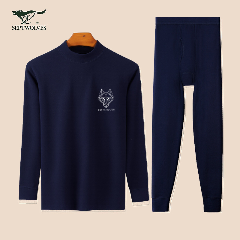 Septwolves Men's Pure Cotton Antibacterial Underwear Set 100% Cotton Autumn Clothes Autumn Pants Cotton Sweater Mid-Collar Underwear Warm Cover