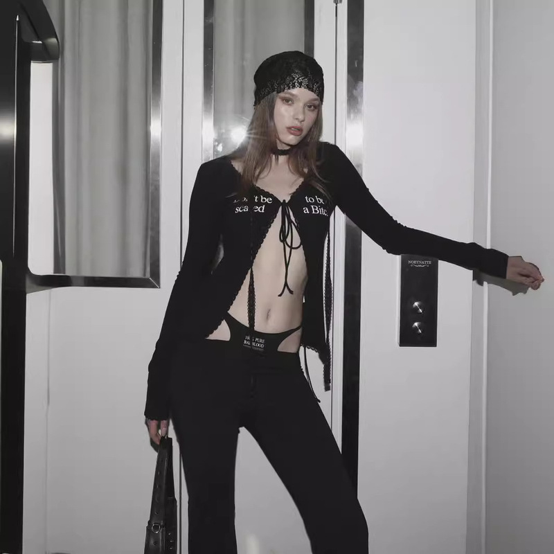 Badblood Lace-Up Cardigan European and American Hot and Sexy Long-Sleeved T-Shirt for Women, Street-Style Printed Top, Thin Summer Style