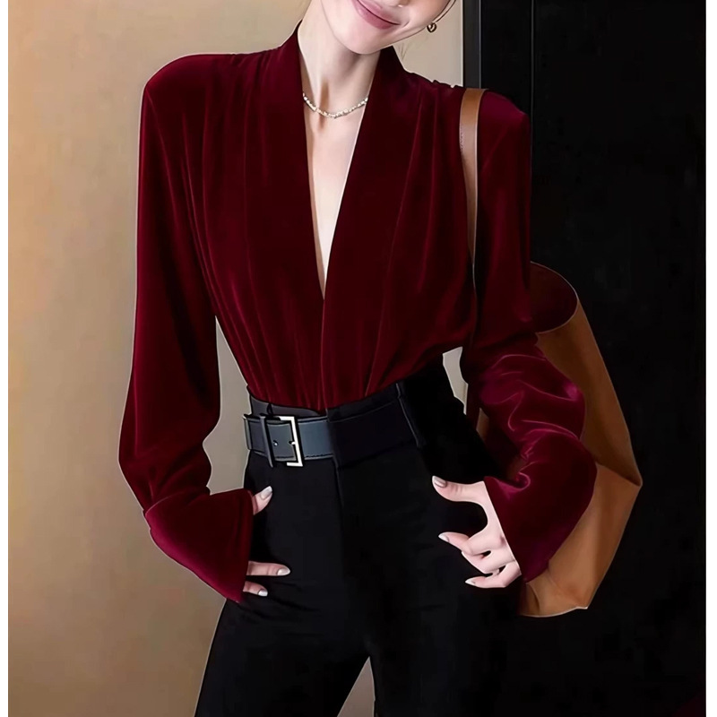 Elegant V-neck design velvet burgundy long-sleeve top, 2026 spring new slim-fit New Year outfit blouse Elegant V-neck design velvet burgundy long-sleeve top, 2026 spring new slim-fit New Year outfit blouse