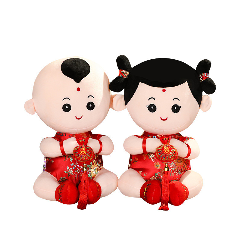 ベッド人形、結婚式の高級金の少年と少女の中国人形、新婚の赤ちゃん、ベッドサイドの装飾品、結婚式の部屋の装飾|undefined