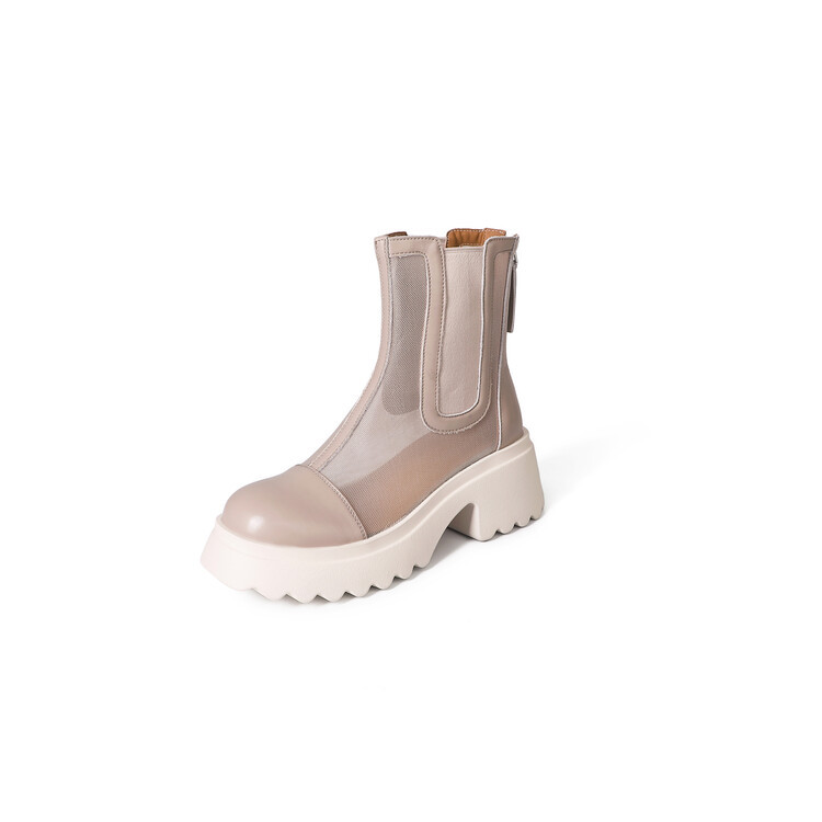 Boot ngắn nữ da bò mũi tròn đế dày thoáng khí khóa kéo sau — Màu đen, Màu mơ chi tiết 118