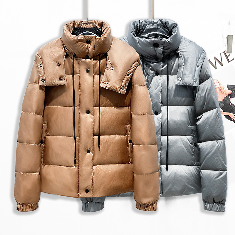 欧美冬季新款短款羽绒服女 纯色气质立领连帽加厚保暖白鸭绒外套