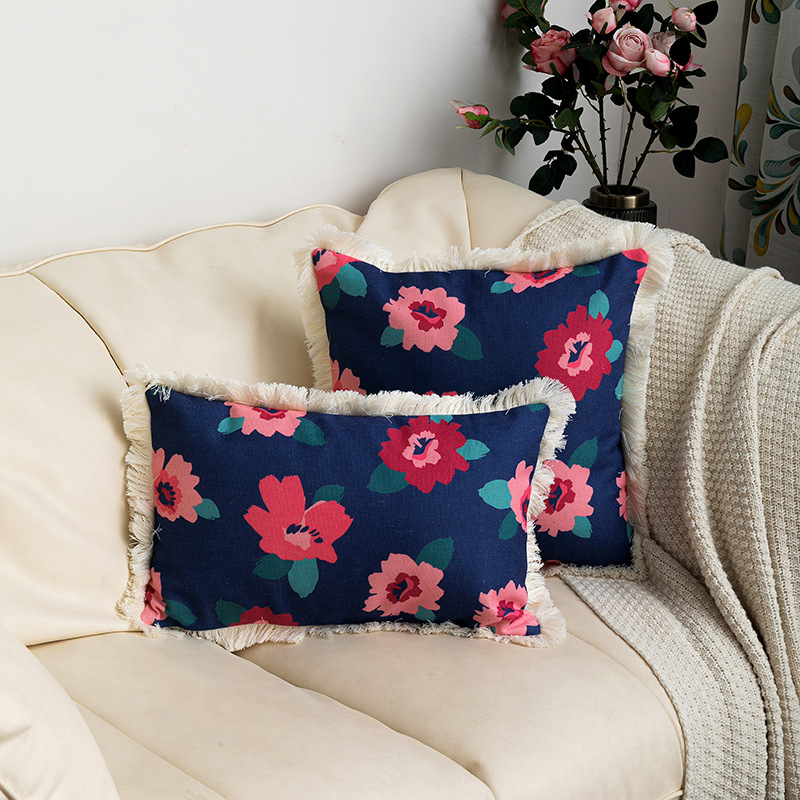 European and American style around tassel edge decorative plant flower cotton linen printed pillowcase home decoration sofa cushion cover_voghion.com
