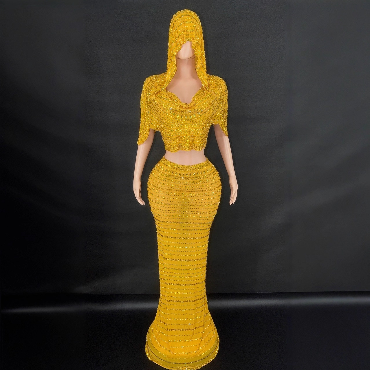 新款性感低胸连帽衫重工水钻连衣裙歌手商演舞台装时尚派对演出服