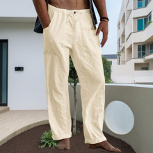 跨境男式亚麻长裤瑜伽海滩休闲夏季无弹腰部抽绳裤带口袋简约百搭