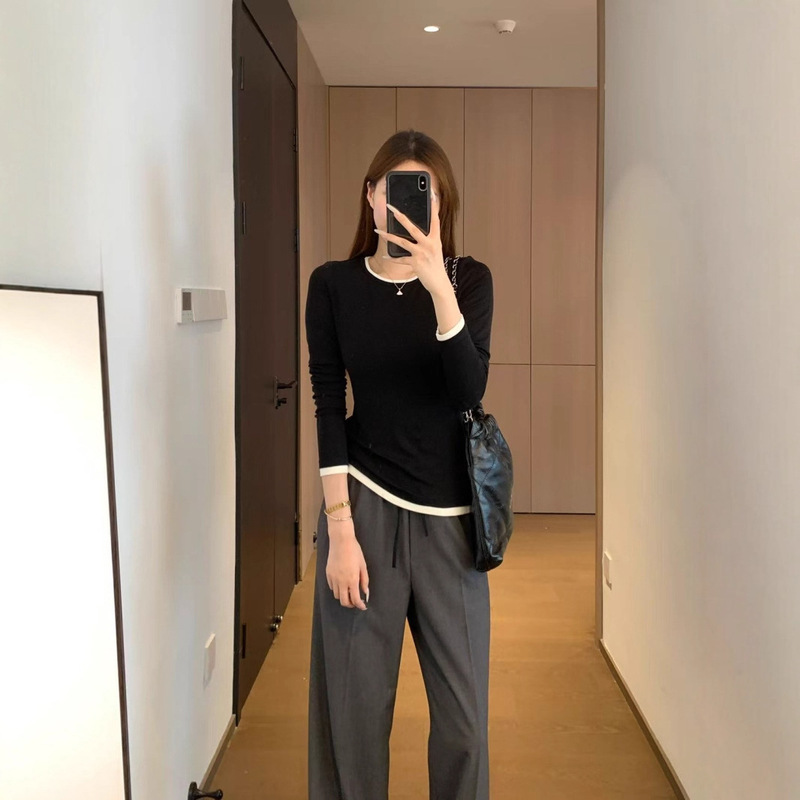 Tencel Wool Cashmere Material Is Soft and Waxy, Skin-Friendly Round Neck Contrasting Fake Two-Piece Slimming Look Bottoming Shirt T-Shirt G091711