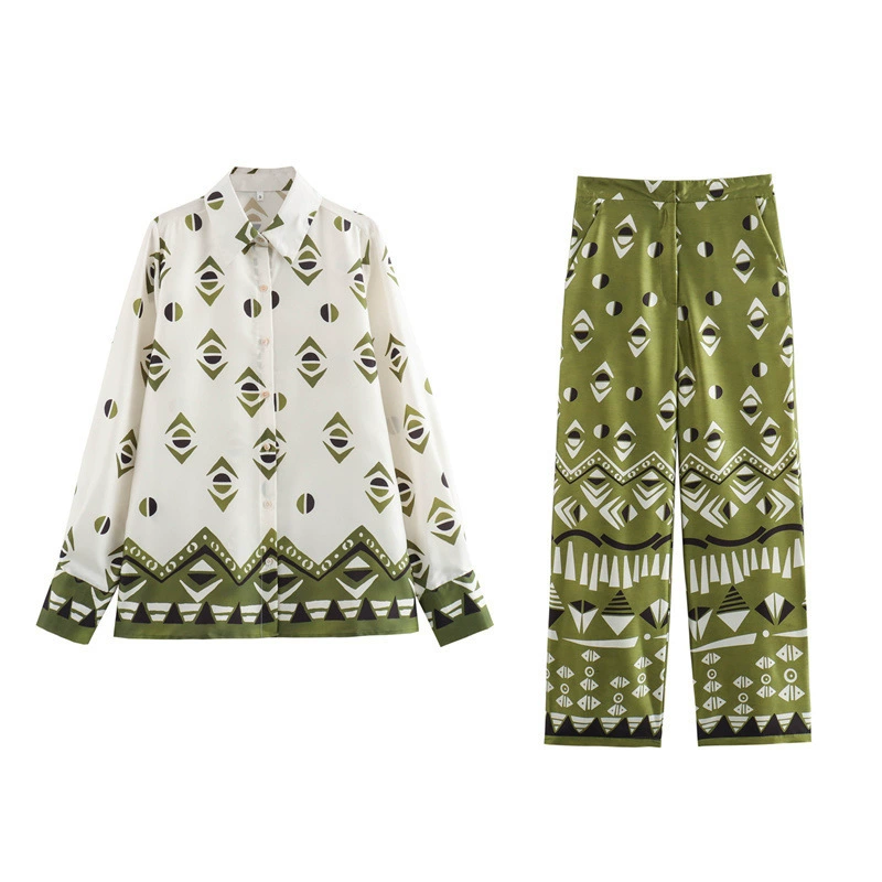 Трансграничная внешняя торговля 2024 летний новый европейский и американский стиль шелковый атлас текстура позиционирования рубашка с принтом брюки набор женский 335