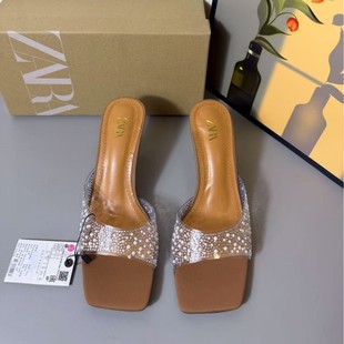 Z Spain 2025 Summer New Women's Shoes Square Head PVC Transparent Belt Full Diamond Pearl Decoration Fashion One-word Belt High Heeled