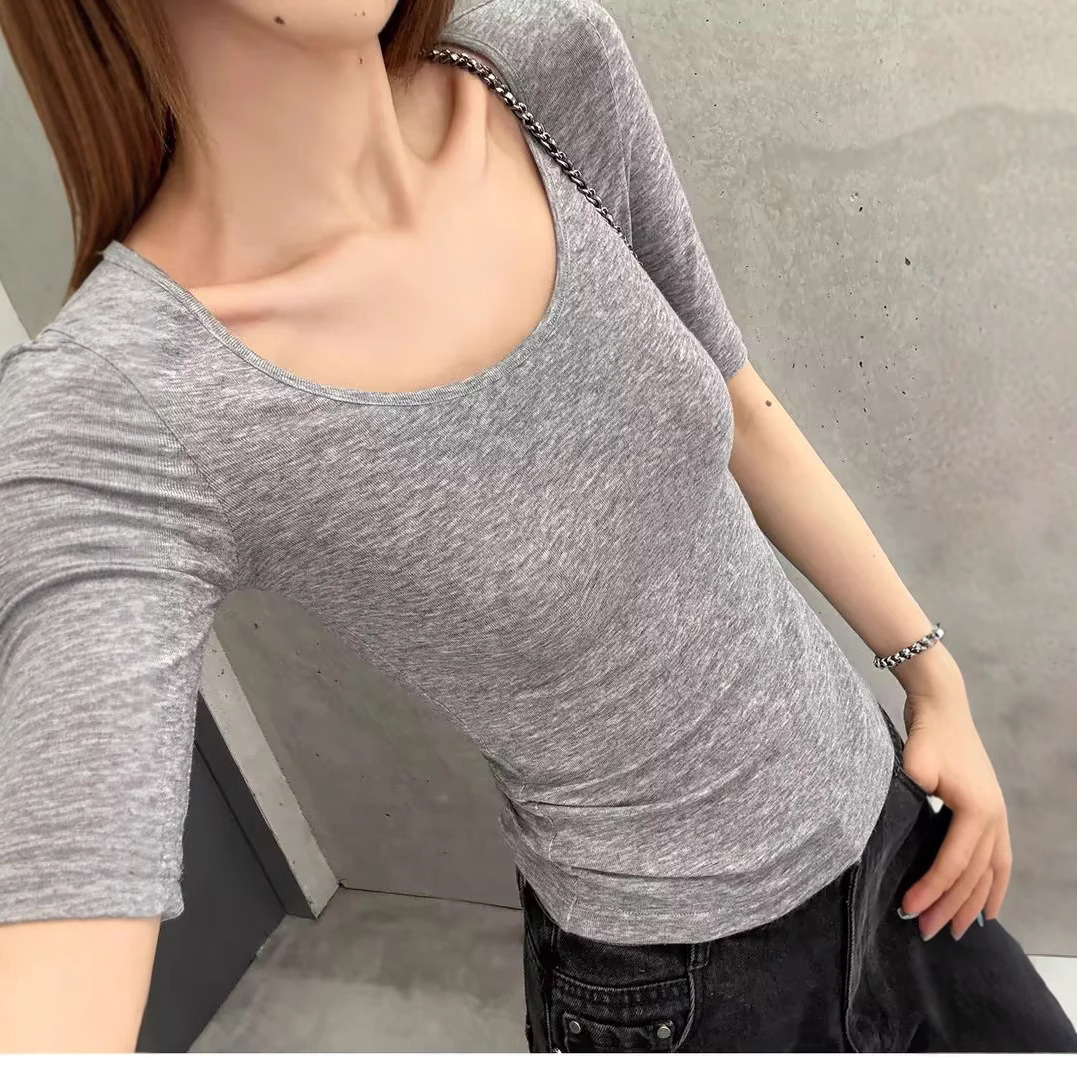 Pure Desire Casual Tencel Lycra Round Neck U-Neck Two-Sleeve T-Shirt Women's 2025 Summer New Spice Girls Slim-Fit Top