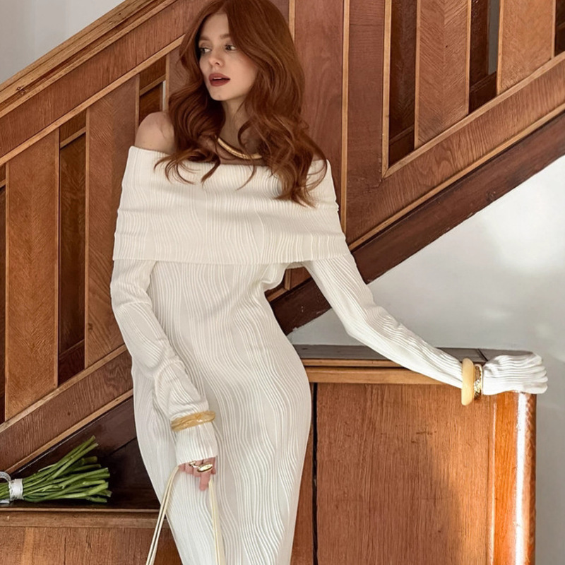 European and American Style Sexy Off-Shoulder Knitted Dress 2027 Spring New Textured Elegant Slim-Fit Bodycon Mermaid Dress European and American Style Sexy Off-Shoulder Knitted Dress 2027 Spring New Textured Elegant Slim-Fit Bodycon Mermaid Dress