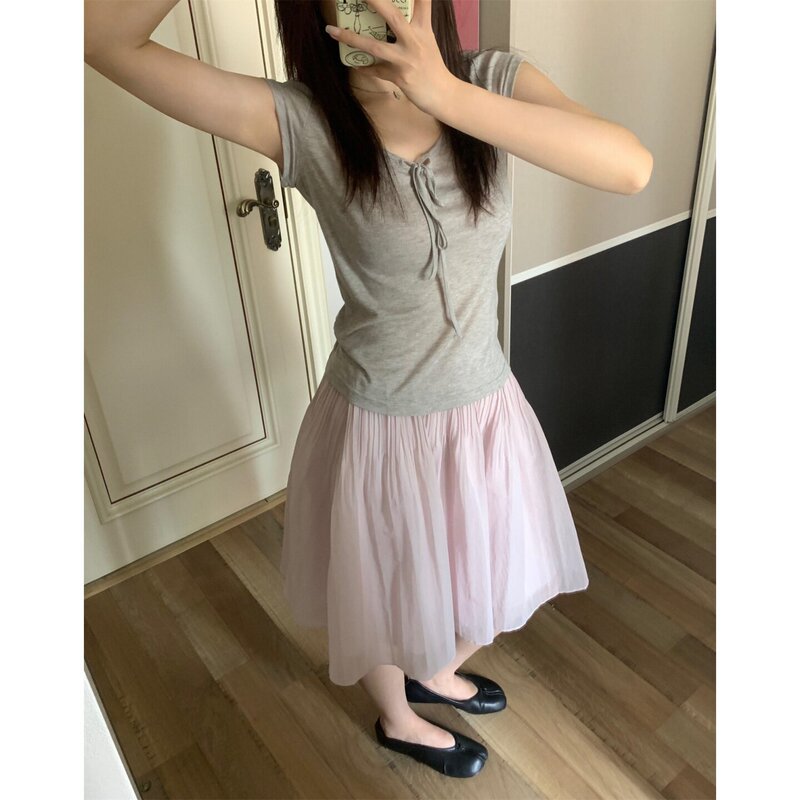 Korean-style high-waisted slimming pleated midi skirt, pink mesh half-skirt for women, plus size, loose and casual A-line skirt for summer Korean-style high-waisted slimming pleated midi skirt, pink mesh half-skirt for women, plus size, loose and casual A-line skirt for summer