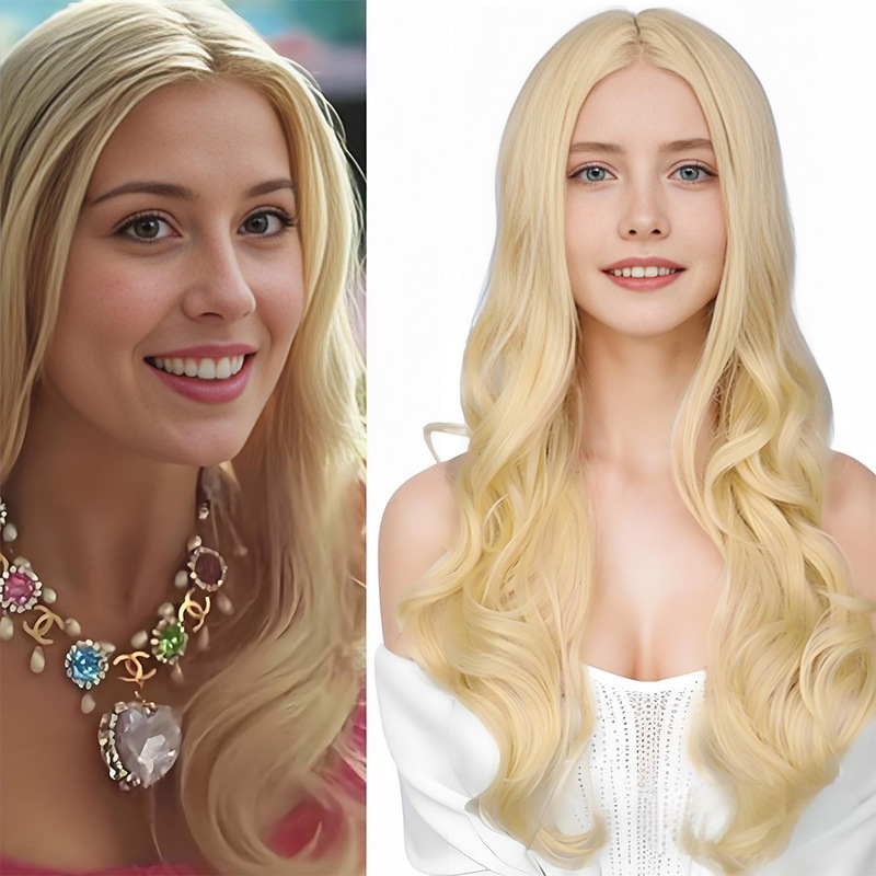 Barbie Cosplay Wig, Platinum Blonde Gentle Style, Long Straight Hair with Middle Parting, Synthetic Heat-Resistant Wig