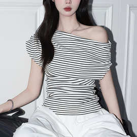 Forev 美式黑色条纹斜肩T恤衫女夏季ins内搭休闲短袖收腰上衣