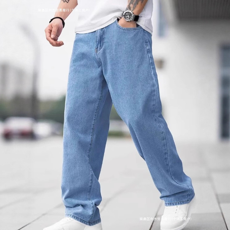 Men's Loose Straight-Leg Casual Jeans 2024 Spring Summer Trendy Light Blue Men's Pants in Stock Cotton