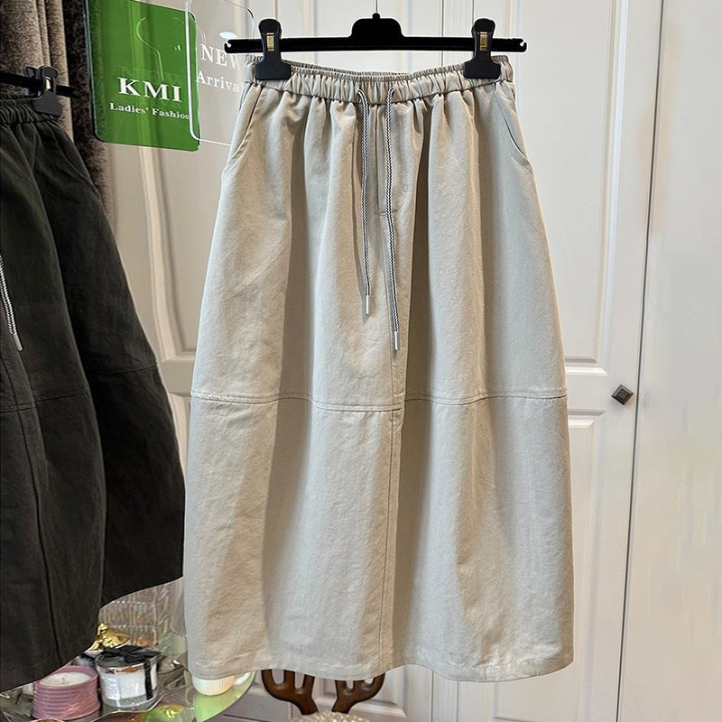 Summer Thin Workwear-Style Skirt with Wide Hem, Loose Casual Elastic Waist, Drawstring, Simple Straight A-Line Mid-Length Skirt for Women