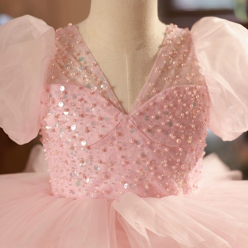 Children's evening dress pink princess dress, stylish for big kids fashion show puffed dress for girls, host piano performance costume autumn