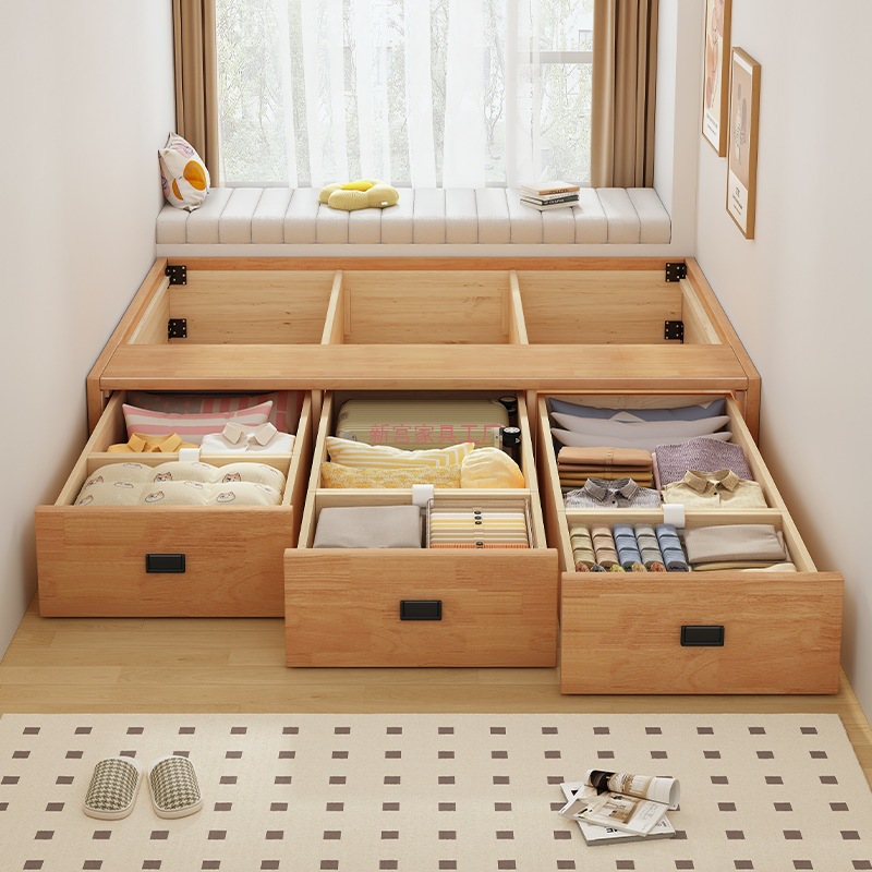 All Solid Wood Bedside Bed, Small Apartment B&B, Modern Simple Three-Drawer Storage Floor-Standing Box Storage Tatami Bed