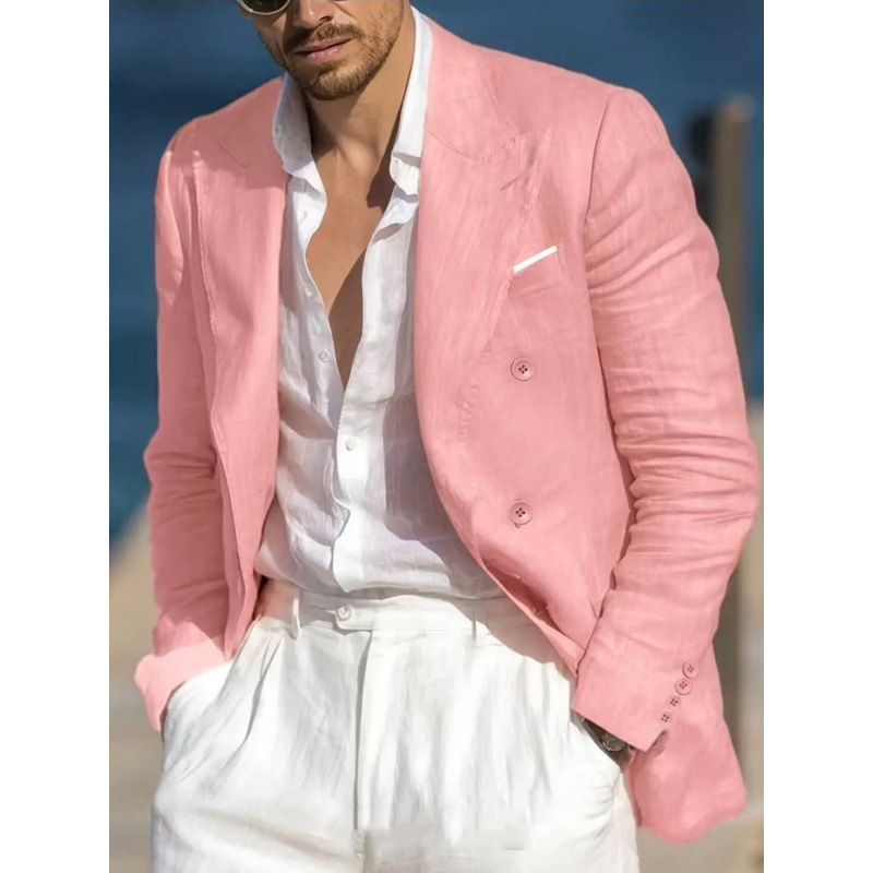 2026 New Men's Summer Thin Casual Suit Jacket Slim Fit Double-Breasted Pink Blue Light Business Casual Wear 2026 New Men's Summer Thin Casual Suit Jacket Slim Fit Double-Breasted Pink Blue Light Business Casual Wear