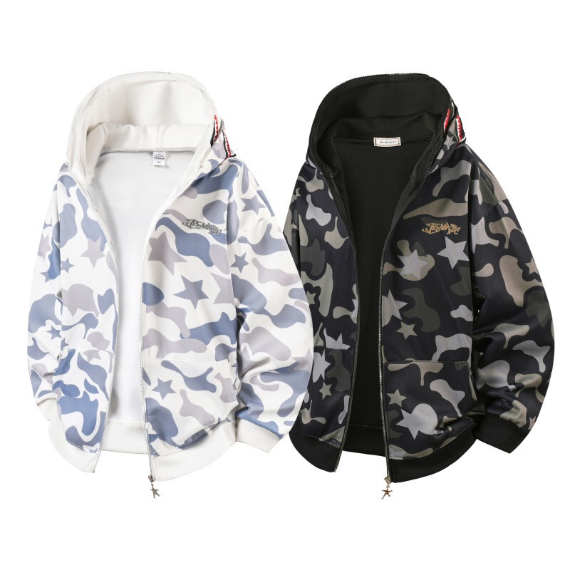 Trendy Brand Ins Shark Head Camouflage Zipper Hooded Jacket Casual Loose Couple Sweatshirt Men's and Women's Cardigan Jacket