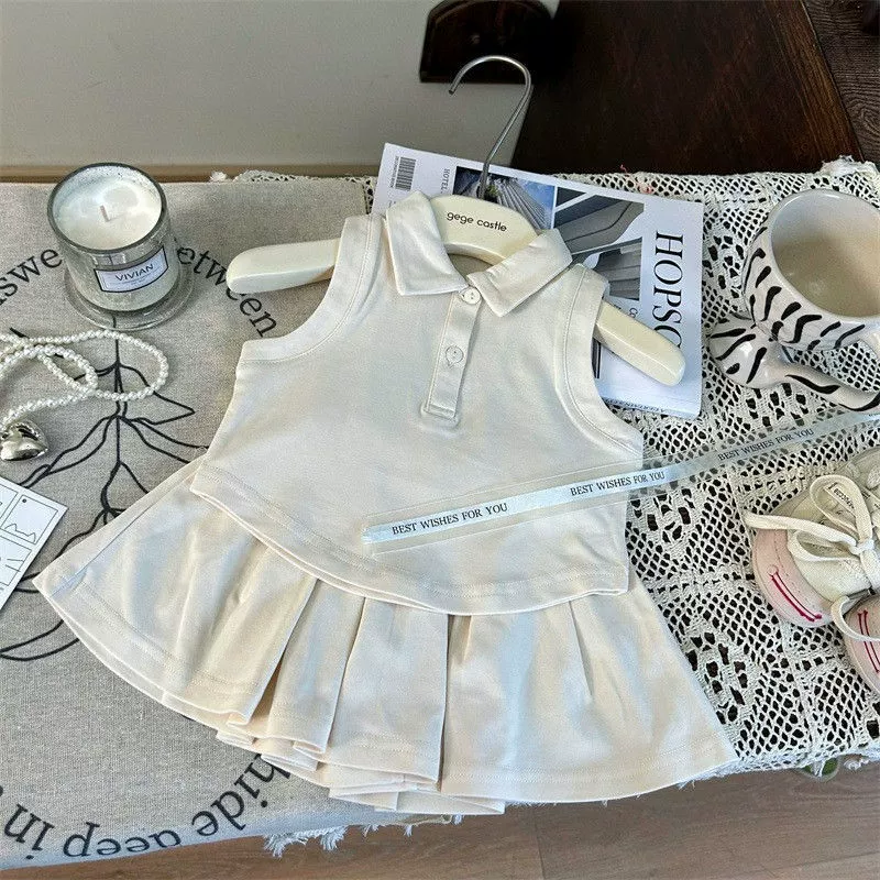 Set, vest sleevless, blue pleated skirt, (Physicals)