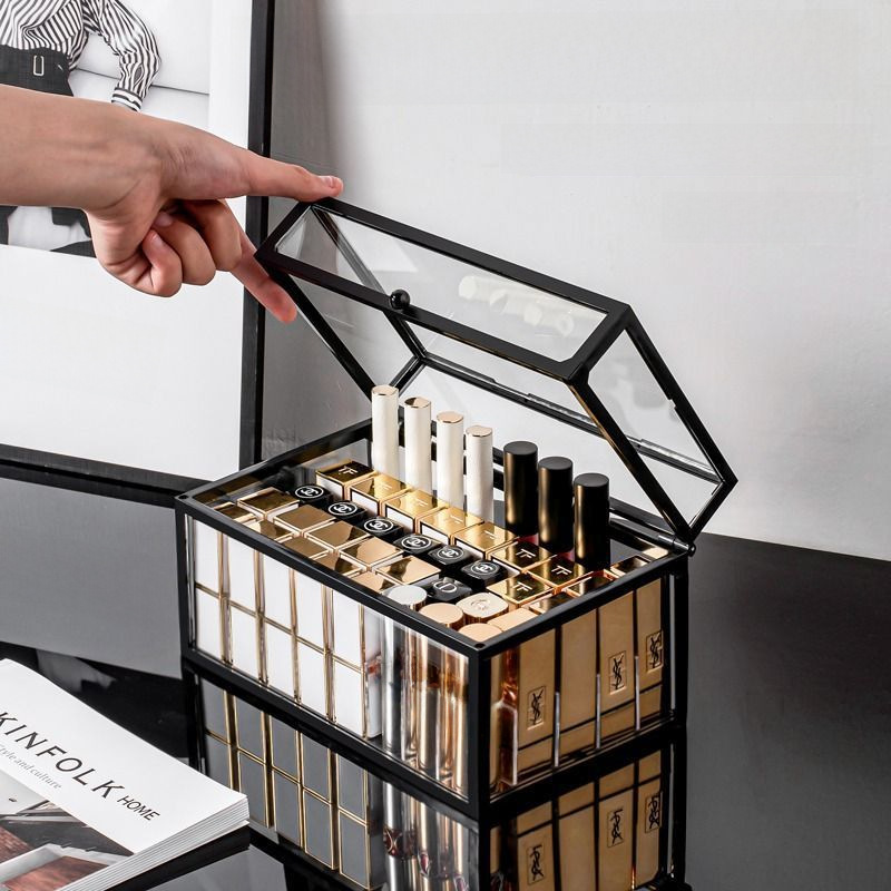 Tablet Lipstick Storage with Cover High-end Influencer Dustproof Large Capacity Lip Color Lipstick Multi-layer with Cover Glass Display Stand